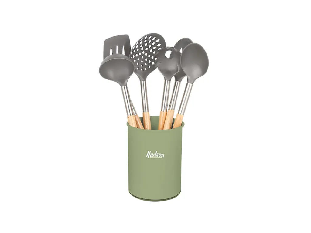 Set De 6 Utensilios De Nylon Con Mango Madera Olive
