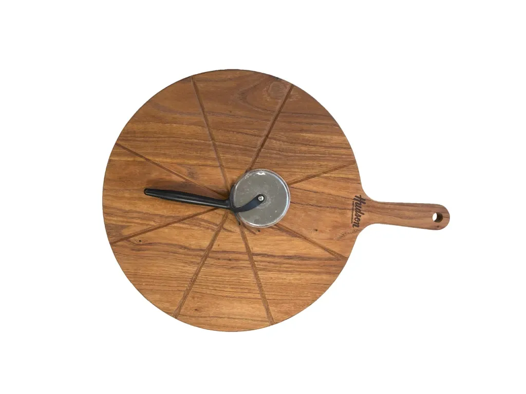 Tabla para Pizza de Madera de Acacia + Cortador De Pizza de Acero Inoxidable