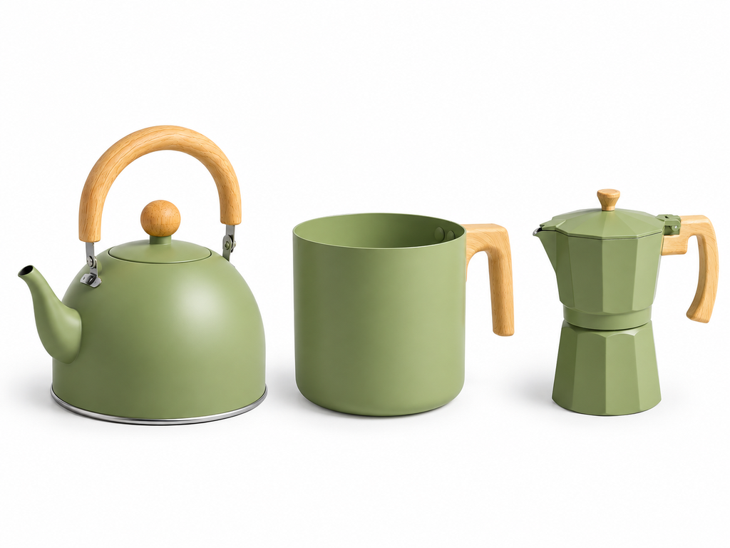 Combo Olive Café · Tetera, Jarrito y Cafetera Italiana