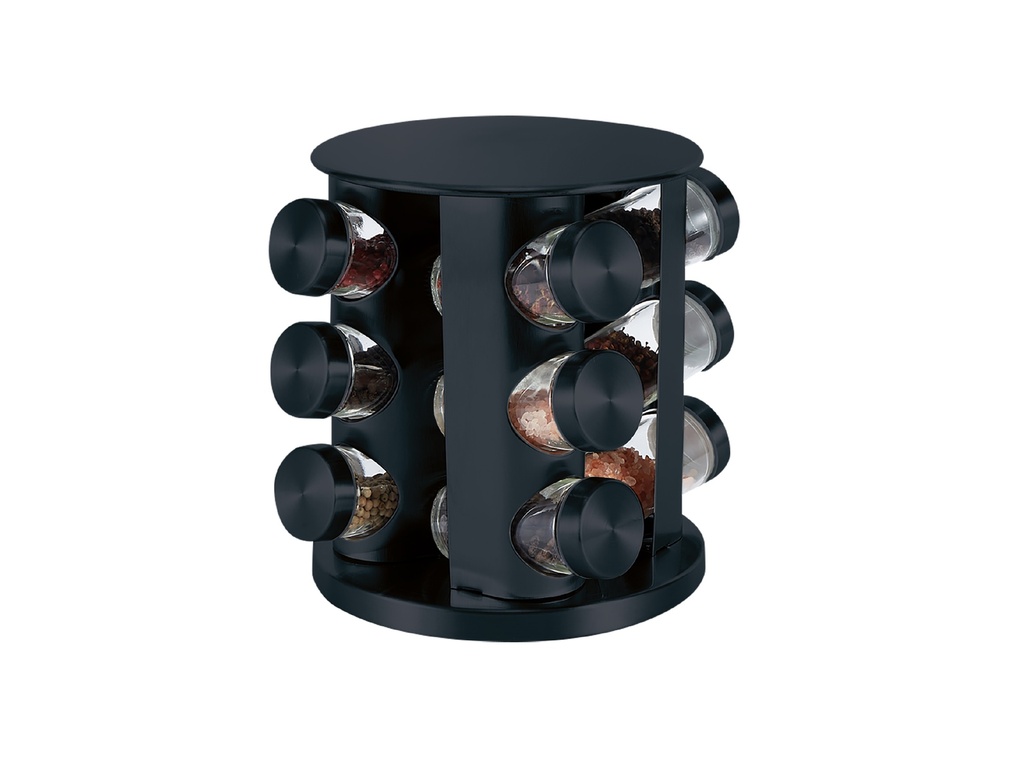 Especiero Negro Giratorio de Acero Inoxidable con 12 Frascos Organizador de Cocina